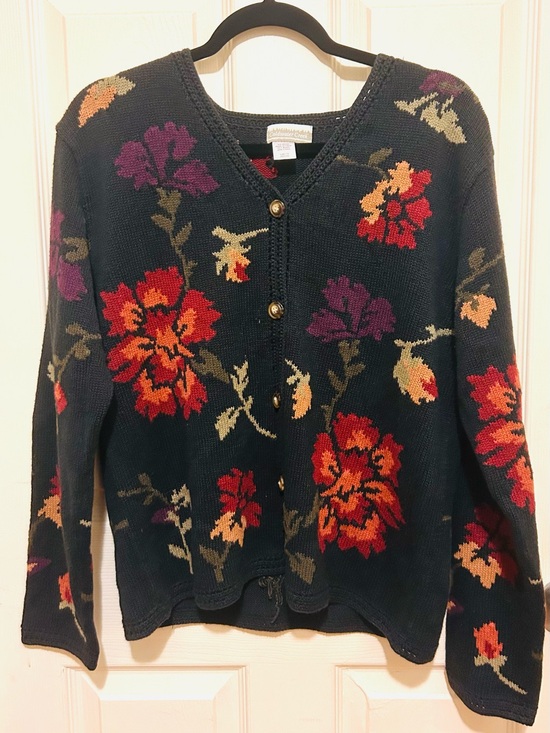 Coldwater Creek Sweaters - Coldwater Creek Navy Floral Cardigan with Red & Purple Blooms